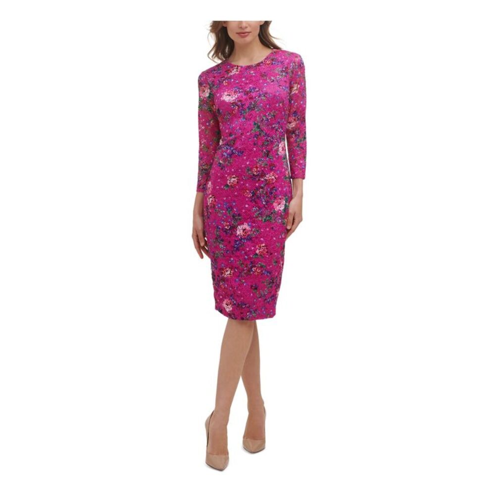 KENSIE Womens Pink Lined 3/4 Sleeve Above The Knee Cocktail Sheath Dress 0